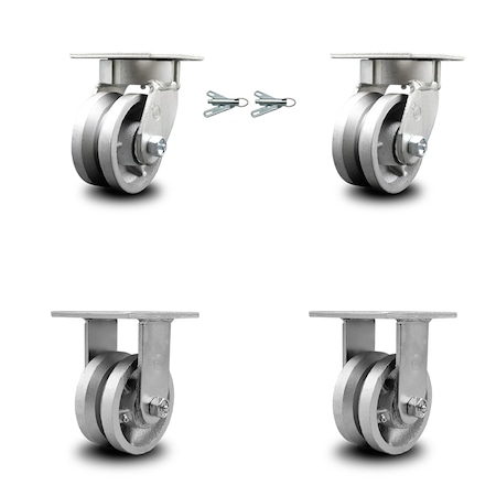 Service Caster 4 Inch Kingpinless V Groove Semi Steel Wheel Caster Swivel Locks 2 Rigid, 2PK SCC-KP30S420-VGR-BSL-2-R-2